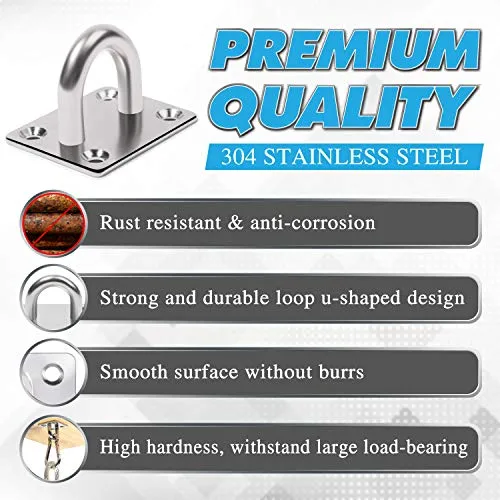 4 PCS M6 Premium Heavy Duty Square Stainless Steel Pad Eye Hooks   4PCS Snap Hooks and 16 PCS Screws with 16 PCS Plastic Expansion Tube, Ceiling Hooks Heavy Duty for Outdoor Indoor Activity