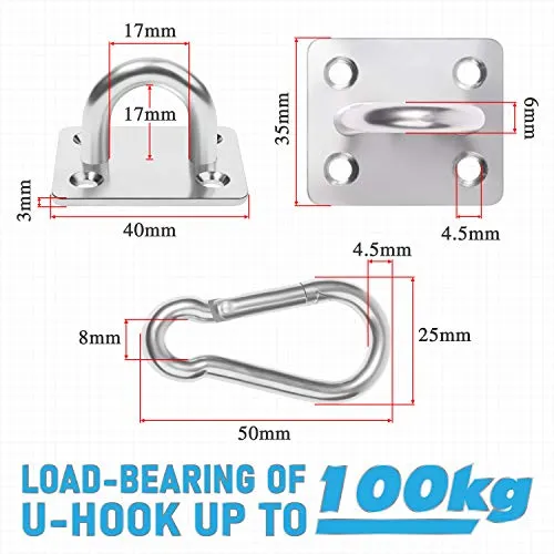 4 PCS M6 Premium Heavy Duty Square Stainless Steel Pad Eye Hooks   4PCS Snap Hooks and 16 PCS Screws with 16 PCS Plastic Expansion Tube, Ceiling Hooks Heavy Duty for Outdoor Indoor Activity