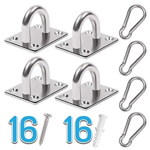 4 PCS M6 Premium Heavy Duty Square Stainless Steel Pad Eye Hooks   4PCS Snap Hooks and 16 PCS Screws with 16 PCS Plastic Expansion Tube, Ceiling Hooks Heavy Duty for Outdoor Indoor Activity