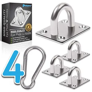 4 PCS M6 Premium Heavy Duty Square Stainless Steel Pad Eye Hooks   4PCS Snap Hooks and 16 PCS Screws with 16 PCS Plastic Expansion Tube, Ceiling Hooks Heavy Duty for Outdoor Indoor Activity