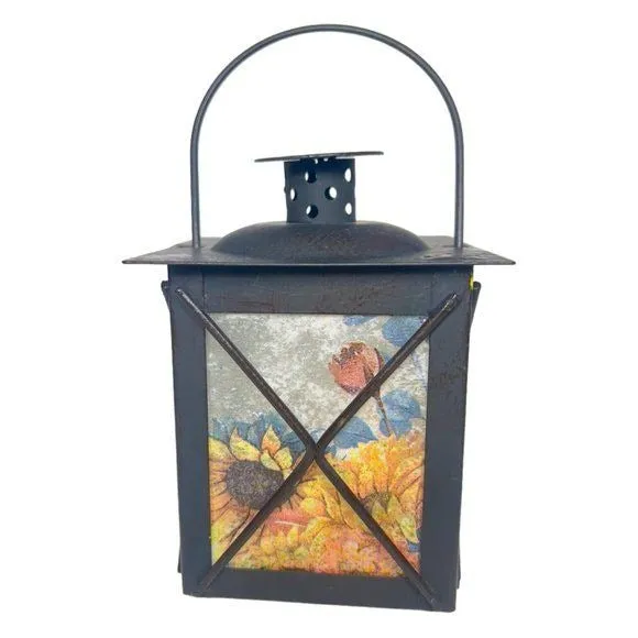 Artisan Crafted Metal Lantern Decoupaged with Sunflower Paper and Hand Painted