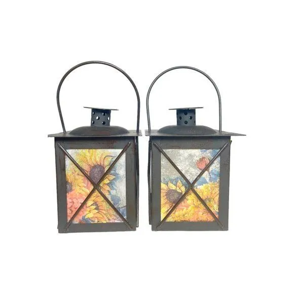 Artisan Crafted Metal Lantern Decoupaged with Sunflower Paper and Hand Painted