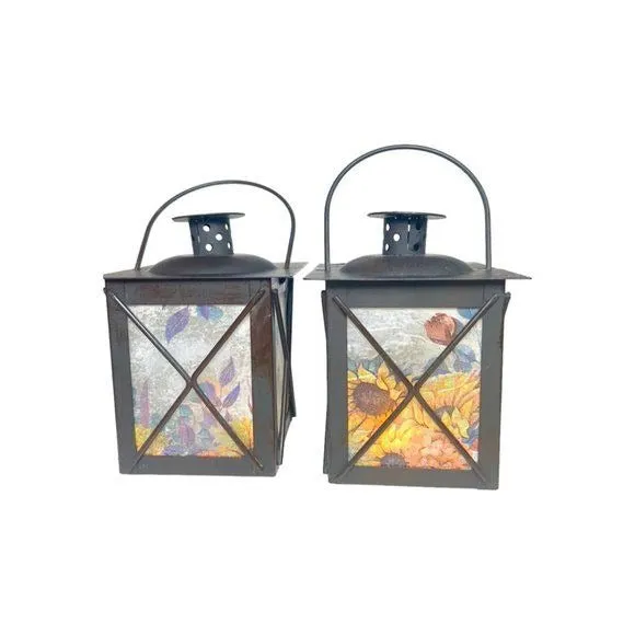 Artisan Crafted Metal Lantern Decoupaged with Sunflower Paper and Hand Painted