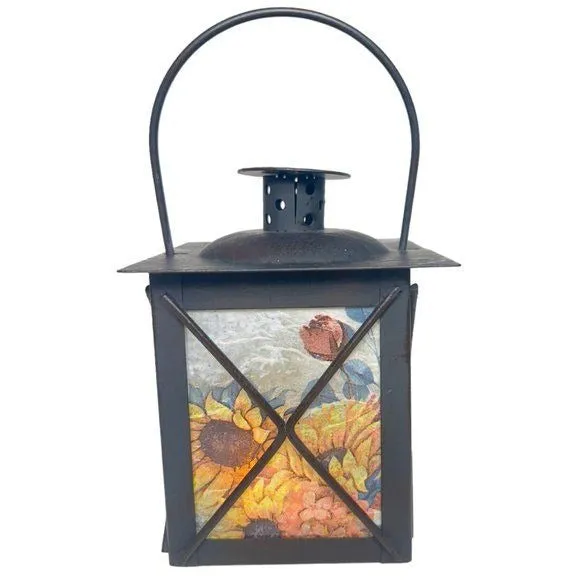 Artisan Crafted Metal Lantern Decoupaged with Sunflower Paper and Hand Painted