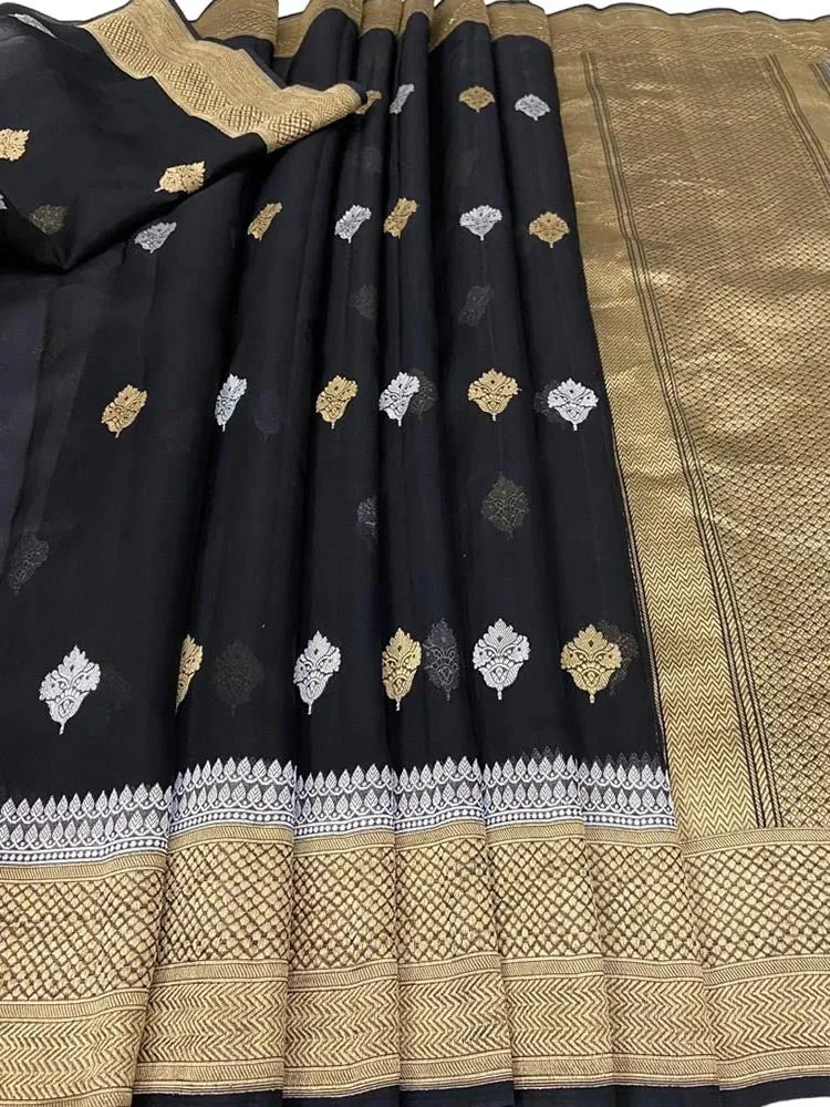 Black Handloom Banarasi Pure Kora Silk Sona Roopa Saree