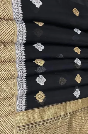 Black Handloom Banarasi Pure Kora Silk Sona Roopa Saree