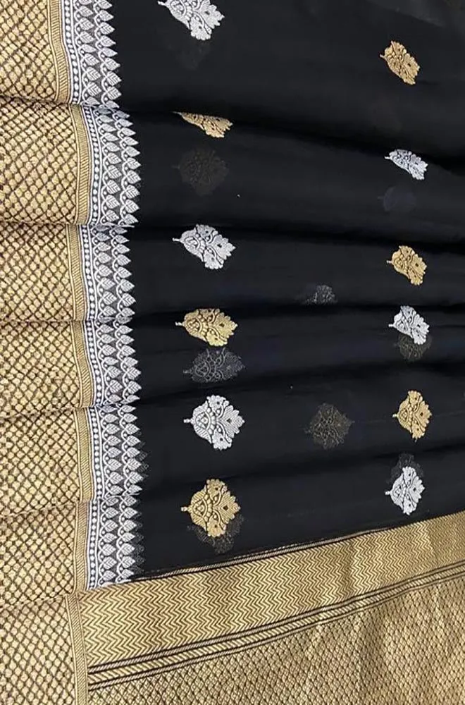 Black Handloom Banarasi Pure Kora Silk Sona Roopa Saree