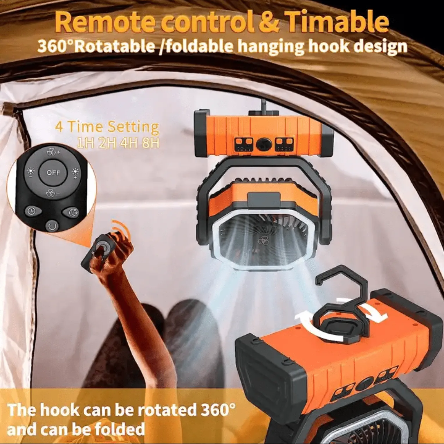 Camping Fan Portable with Remote & LED Light | 360 Rotating | Hanging