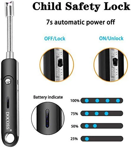 DOCOSS Rechargeable Electric Gas Lighter Kitchen Lighter 280 mAh High Battery Capacity Chargeable USB Arc Multi Purpose 360 Degree Flexible Long Lighter for Candle, Gas, Diyas, Agarbatti - Black
