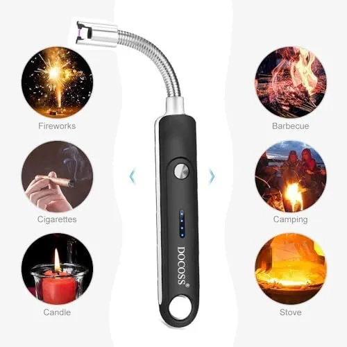 DOCOSS Rechargeable Electric Gas Lighter Kitchen Lighter 280 mAh High Battery Capacity Chargeable USB Arc Multi Purpose 360 Degree Flexible Long Lighter for Candle, Gas, Diyas, Agarbatti - Black