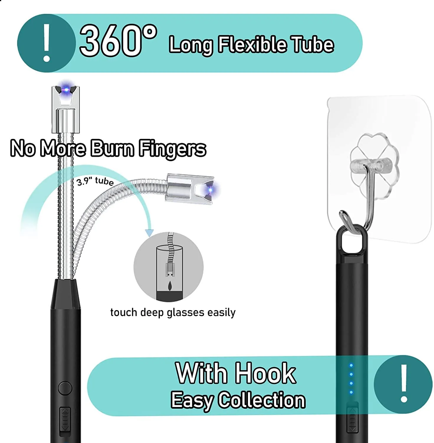 DOCOSS - Rechargeable Electric Gas Lighter Kitchen Lighter Chargeable USB Arc Long Lighter for Candle Flexible Lighter Neck for Gas,diyas,agarbatti,Candle (Black)