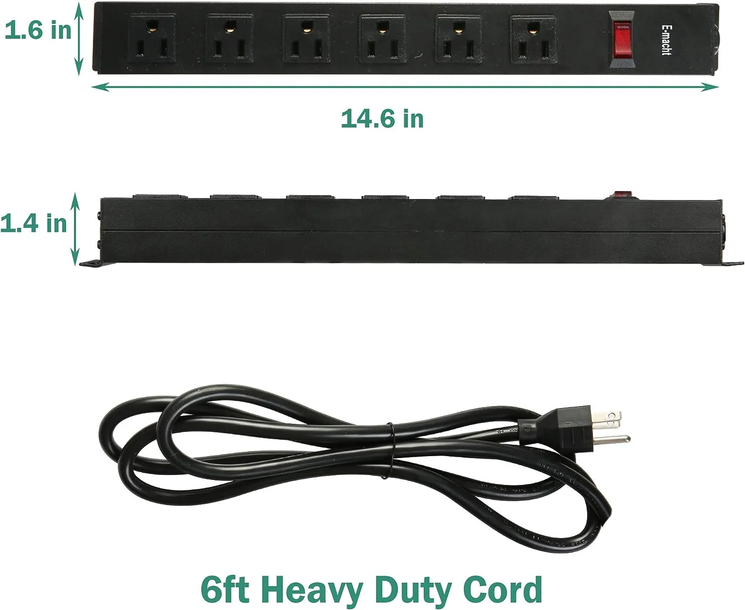 E-Macht Long Power Strip Surge Protector, 6 Outlets Metal Outlet, Wall Mountable, 6 ft Long Extension Cord, 2 Pack