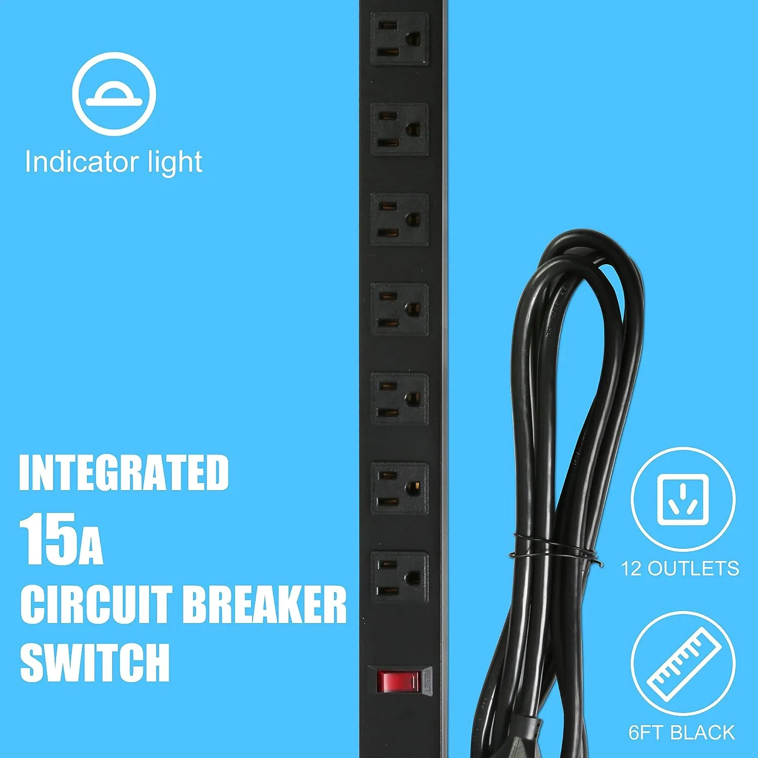 E-Macht Power Strip, Mountable Surge Protector with Outlets and USB Ports 6 Feet Long Extension Cord for Home, Office -Black (1, 12 outlets)