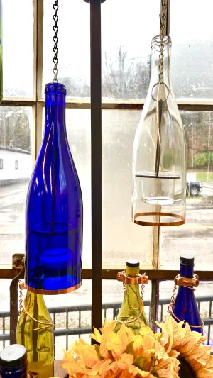 Glass Wine Bottle Hanging Lantern with Votive Candle Holder