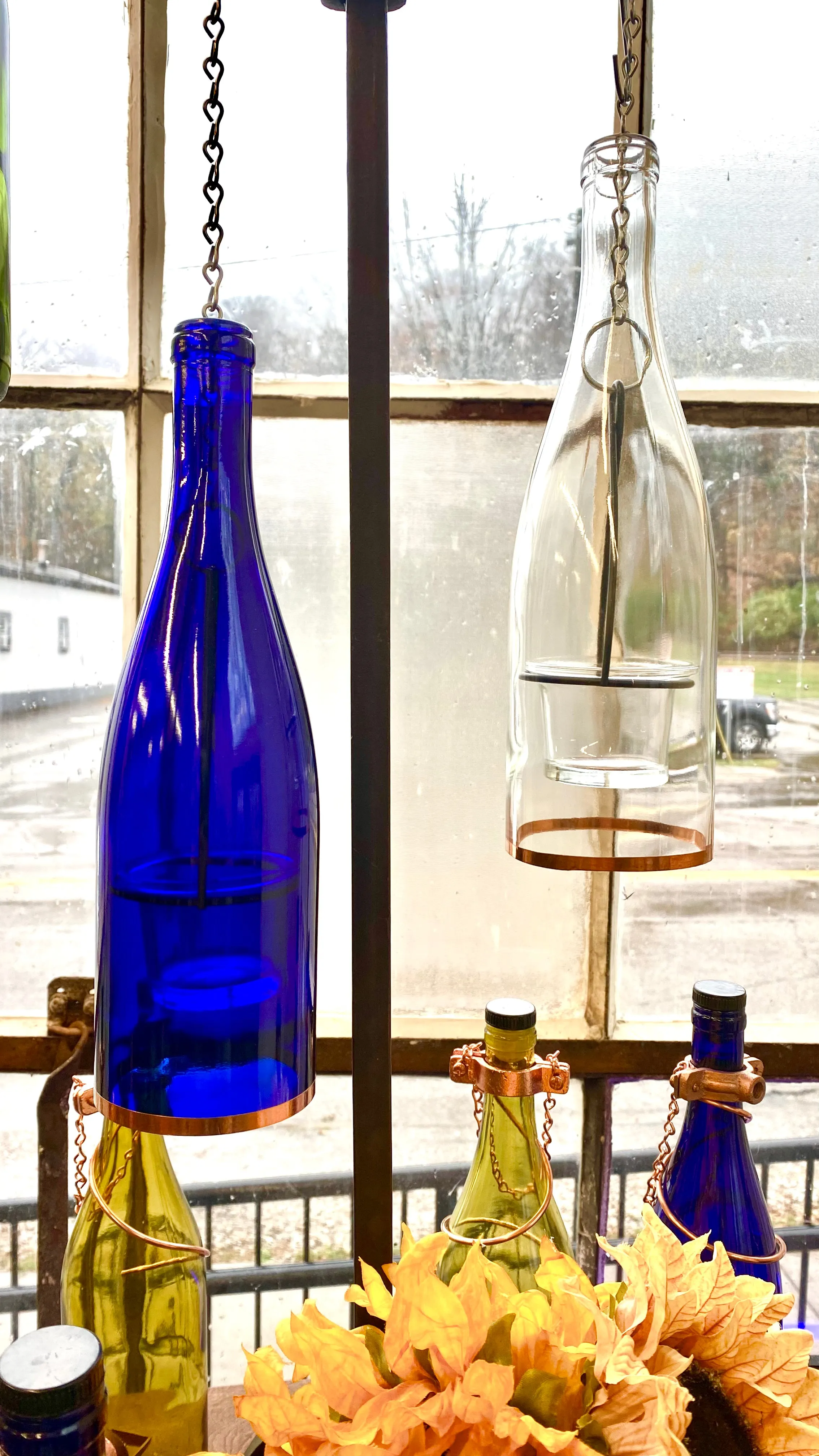 Glass Wine Bottle Hanging Lantern with Votive Candle Holder