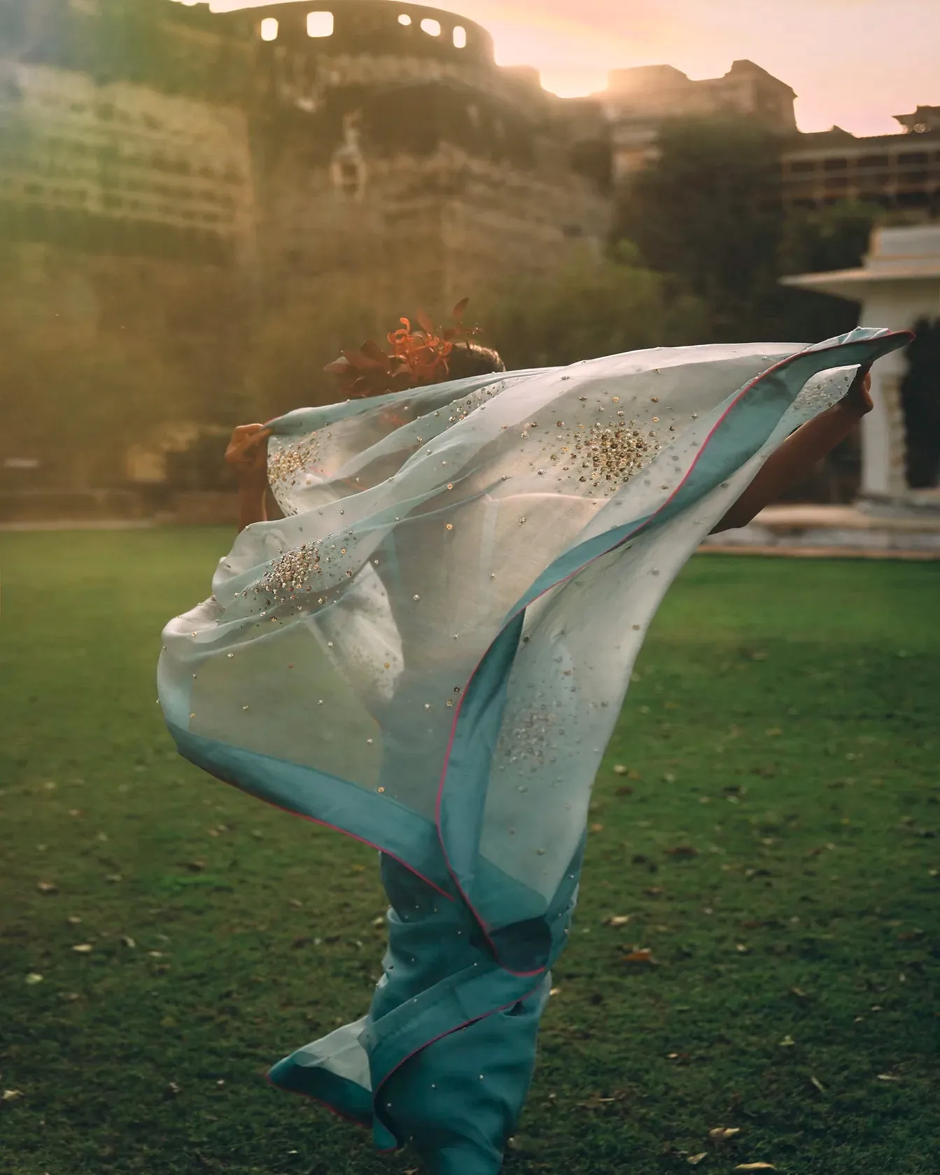 Gul Ice Blue Sequin Flower Sari