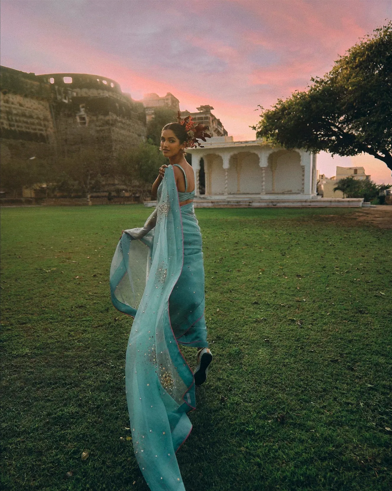 Gul Ice Blue Sequin Flower Sari