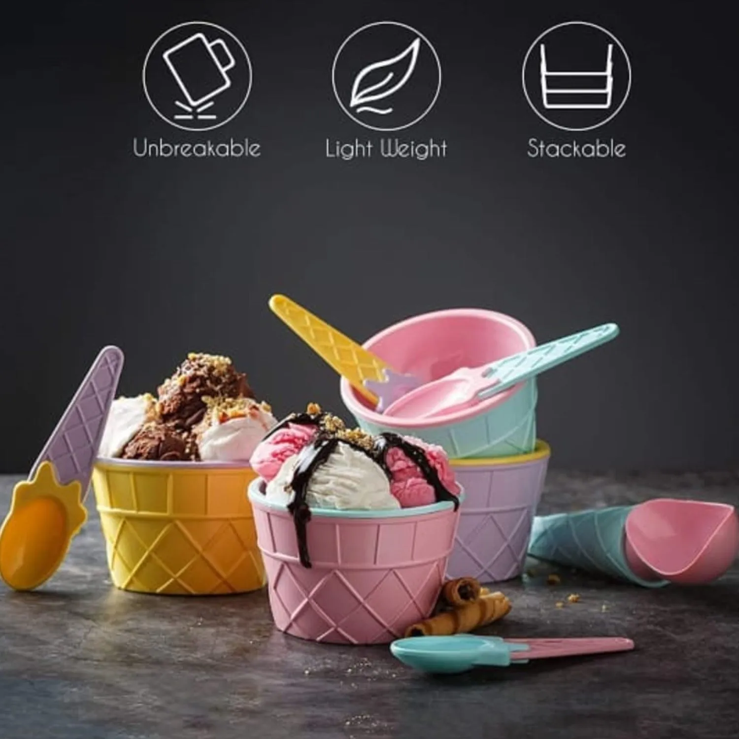 Ice-Cream Waffle Spoon Bowel Cup Set | Premium ice Cream Set | Ice-Cream Bowel with Spoon | 12 units Couple Bowl Set | Brown Box