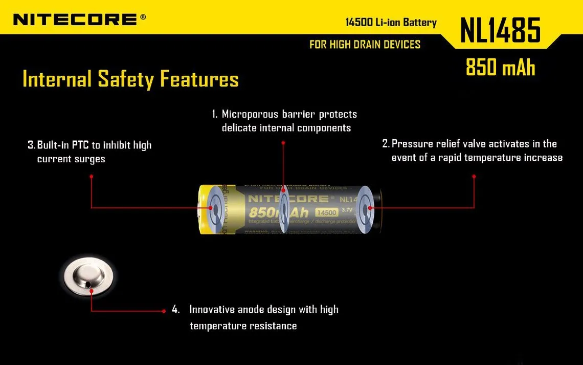 NiteCore NL1485 14500 850mAh Li-on Rechargeable Battery