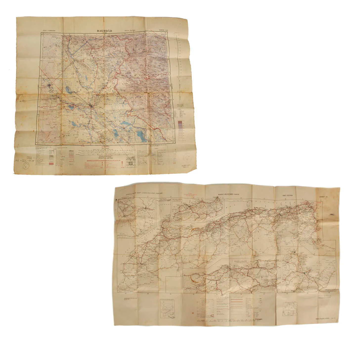 Original U.S. WWII Map Lot Featuring Operation Torch African Road Map & Baghdad Map - 2 Items