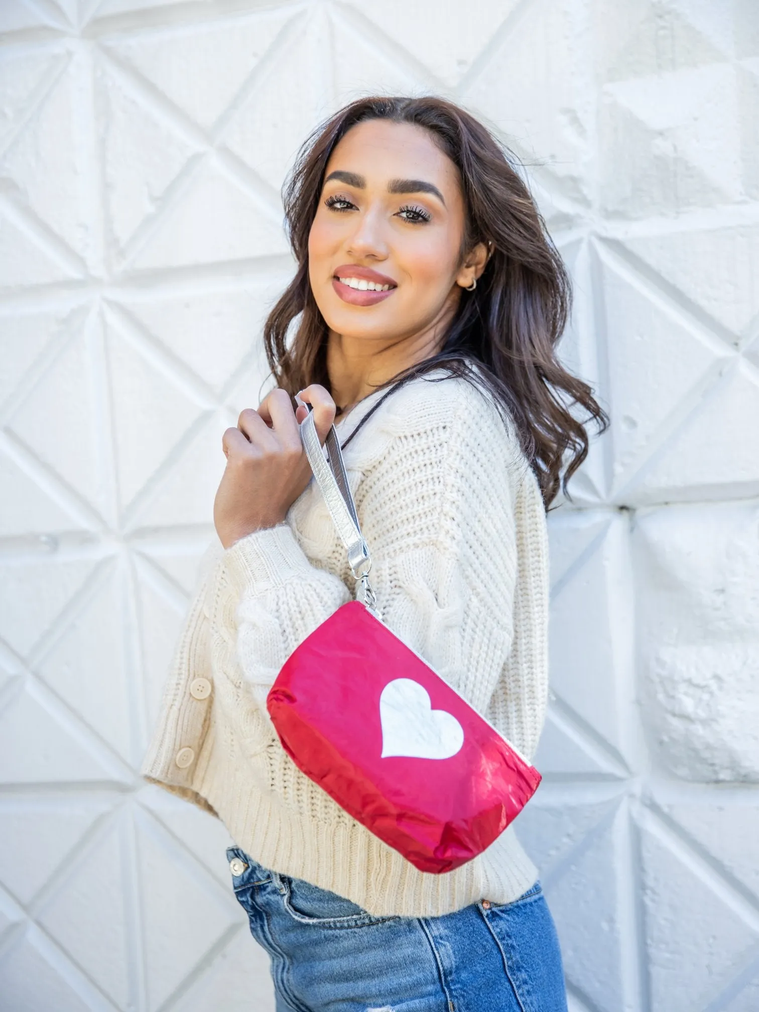 Zip Wristlet in Crimson Red with Silver Heart